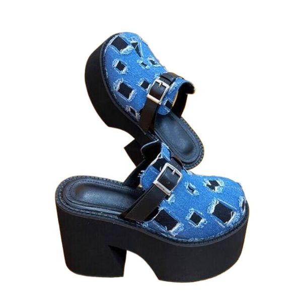 Frühlings-/Sommerruhrschuhe für Frauen, die dicke Soled Heels Gürtelschnalel Blau Jeans Stoff gebrochener Löcher Dicke Sohle Kuchen hohe Plattform Schuhe