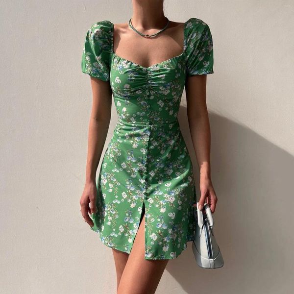 Lässige Kleider 2024 Sommer Blumenkleid Frauen französischer Stil Puffärmel Blumen Print Mini Slim Fit Femm Fashion Bubble