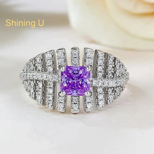 Anéis de cluster brilhantes U S925 Silver 5 mm Square Purpl Gems Ring para Wmen Fine Jewelry Anniversary