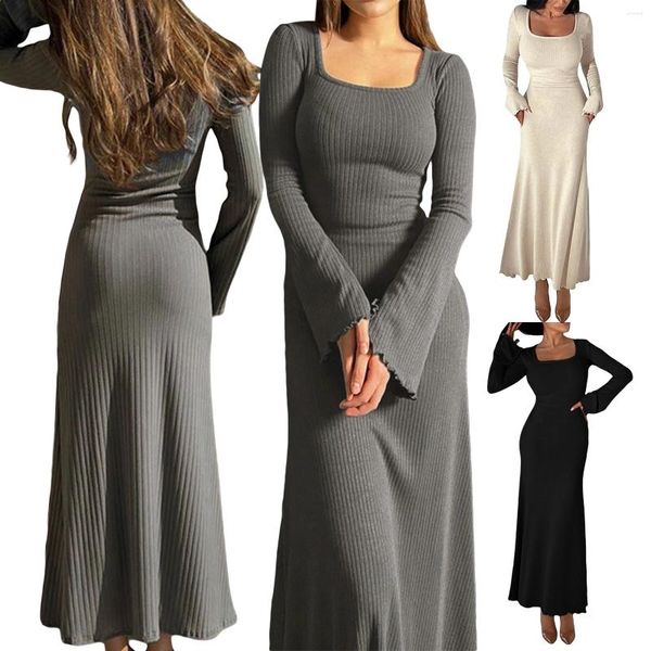 Повседневные платья в трикотажные вязаные вязаные рукава миди-платье элегантное квадратное шею Y2K Slim Fit Long Vestidos Women A-Line Street Одежда