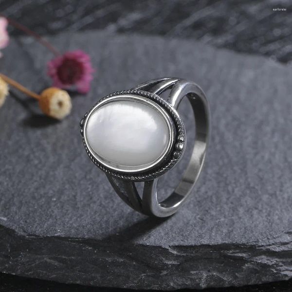 Ringos de cluster 925 Sterling Silver Jewelry Ring Black White Shell Vintage para Presta a proposta para festas femininas