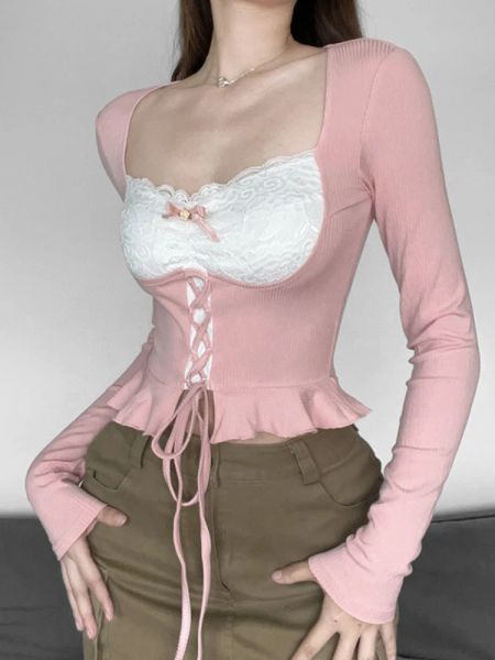 Calça houzhou rosa y2k manga longa Mulheres de renda sexy de renda de colarinho quadrado bandagem slim tshirt coquette menina estética top