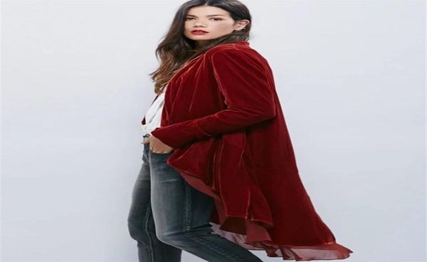 Zarif kadife şifon fırfırları trençkot kadınlar moda açık dikiş dovetail casaco feminino ofis bayan kadife duster blazermx198275524