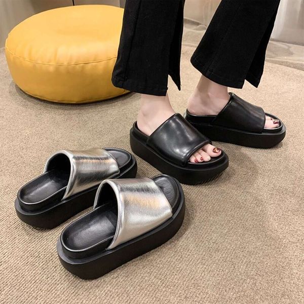 Damen S Pantoffeln Square Toe Leder Plattform Ladies Schuhe Sommer Mode dicke unten weibliche Slipper Frau Flip Flops Schuh Schuh