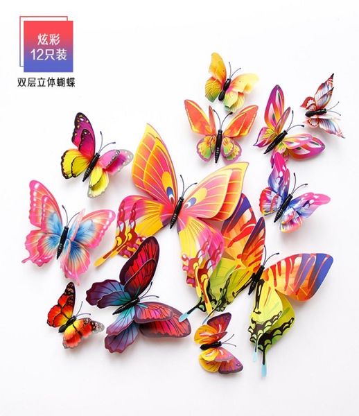 12pcs Multicolor Double Cayer Wings 3D adesivo de parede de borboleta ímã PVC Butterflies Festa do quarto da geladeira Decoração de geladeira Magnic4033911