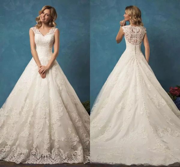 Kleider volle Spitze Applikationen Brautkleider 2024 billige Vneck Amelia Sposa Arabisch Dubai Sweep Zug Lange Vintage -Brautkleider