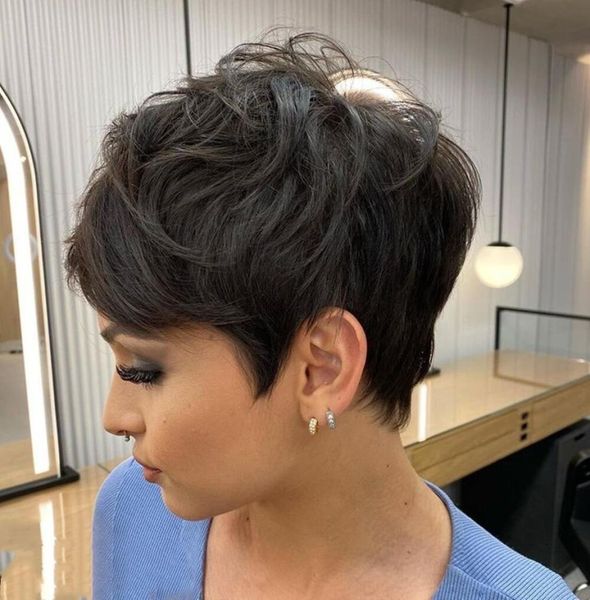 Pixie Cut Wig Human Human Brasilian Straight Wigs Natural Full Machine fez nenhuma perucas de renda com Bang for Black Women GluUless4341174