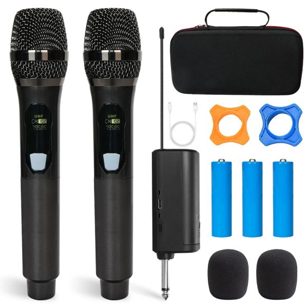 Microfones recarregáveis de microfone sem fio 2000mAh UHF microfone portátil duplo com receptor recarregável para a reunião em casa de karaokê