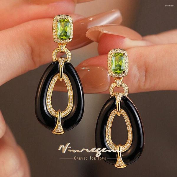 Dangle Küpeler Vinregem 1CT Laboratuvar Oluşturdu Safir Siyah Emaye Taş Damlası Kadınlar Vintage 925 Sterling Gümüş Güzel Takı