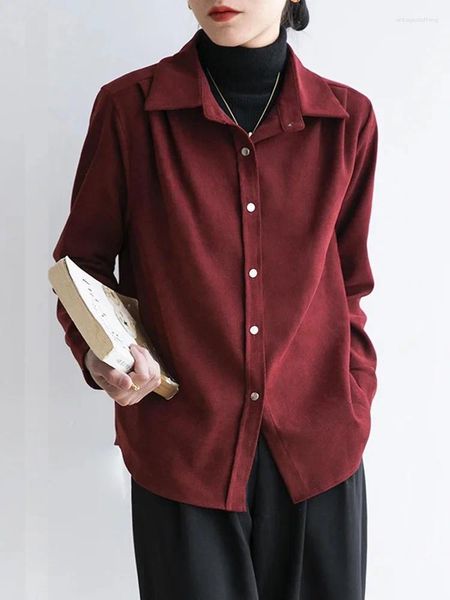 Frauenblusen Vintage rotes Hemd für Frauen Herbst Winter 2024 Langschläfe Drehen Kragen Bluse Büro Damen Casual Y2K Top