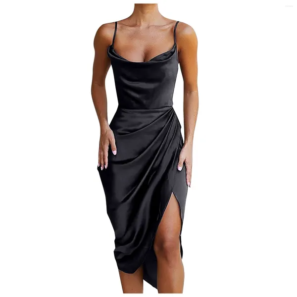 Lässige Kleider Frauen sexy Spaghetti -Gurt Satin Kleid Rückenfreie asymmetrische Hem Cami formelle Anlässe Luxusabend