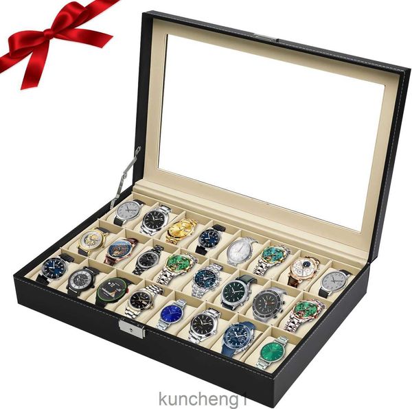Artilife 24 Slot Watch Box für Menwatch -Koffer für Menwatch -Display Caseglass Toppu Leder Display Aufbewahrungssammlung Organisator Juwely Case Uhrener mit R.