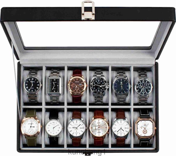 Guka Watch Box 12 Slot Watch Case con grande organizzatore di orologi per coperchio in vetro reale con cuscinetto rimovibile Nero Display di orologio in pelle sintetica Black