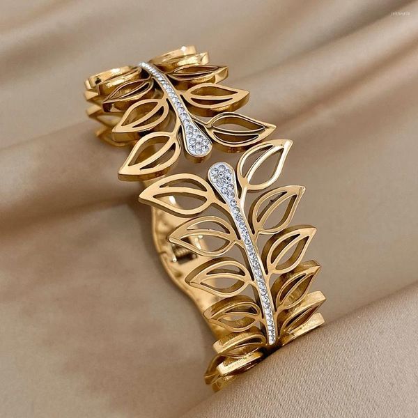 Bangle Greata 316L из нержавеющей стали Полые листья широкие браслеты для женщин с золоты