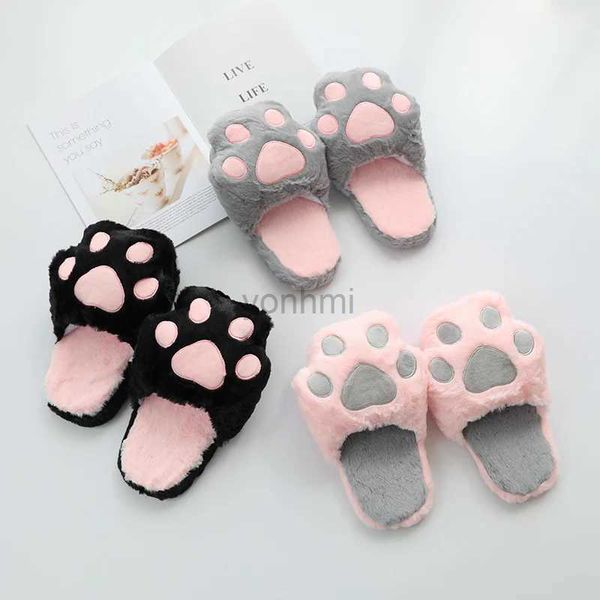 Slipper Fuzzy Plush Pantoffers Katzen Pad Cartoon Tierrosa grau Bär Pfote Schwarze Mädchen Anti-Rutsch-Hallenschuhe Kinder Mädchen Weihnachtsgeschenk 240408