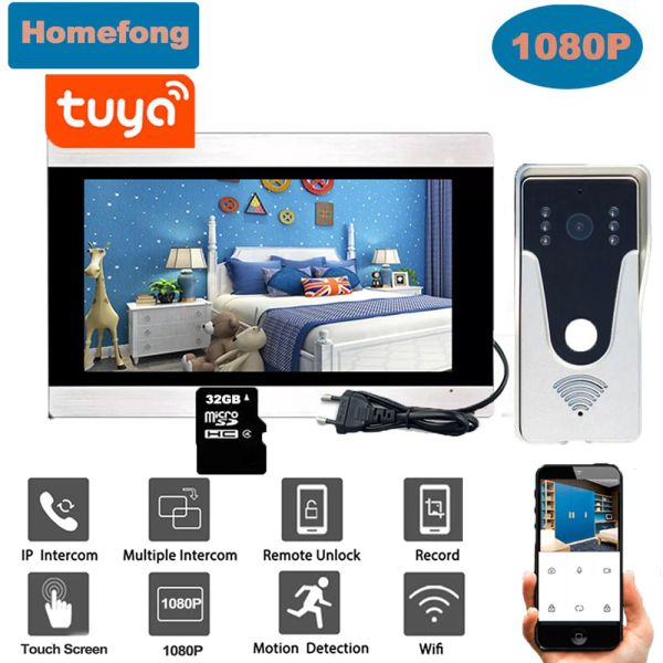 Intercom HomeFong 1080p Tuya Smart Home Intercom Wifi Wireless Video Door Door Telefono da 7 pollici touch screen incorporato.