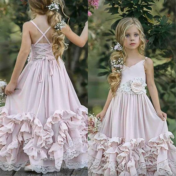 Vestidos de menina de flor de boho rosa claro para casamento uma linha feita de flores feitas de flores em camadas vestidos infantis roupas formais para festa de aniversário