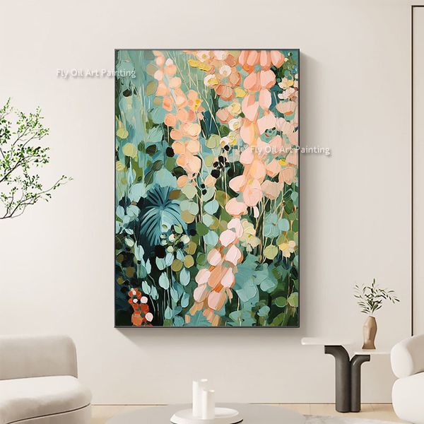 Arte de parede grande pintada à mão Minimalista de arte floral verde Pintura personalizada Boho Decoração de parede Sala de estar abstrata de flores de óleo pintura de óleo na tela