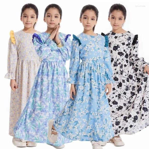 Lässige Kleider muslimische Kinder Mädchen Abaya Blumendruck Langarm Kleid marokkanische Truthahn Kaftan Arabische Robe Urlaub Party Eid Gebetskleid