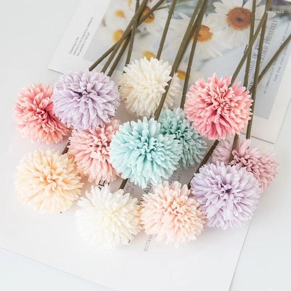 Flores decorativas de imitação de ramo único flor de leão de leão de tênis bola de tênis crisântemo hidrangea seda home decoração restaurante