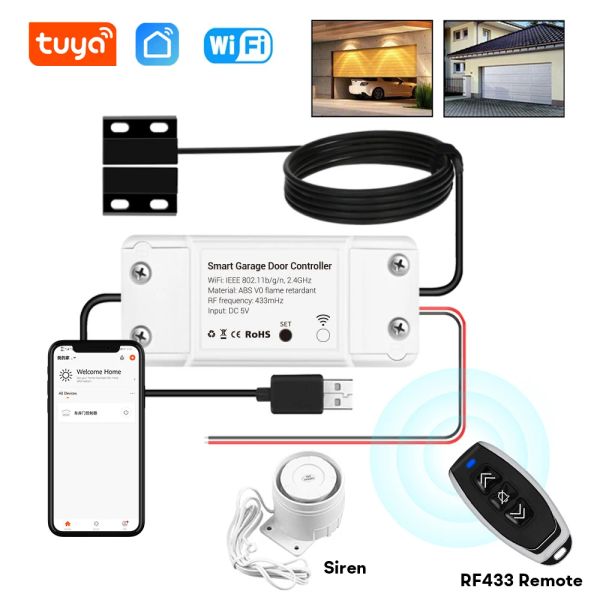 Controle Tuya WiFi Smart Garage Door Opener Controler Wired Siren Alarm RF 433 Remote + Controle de App Funciona com Alexa Google Assistant