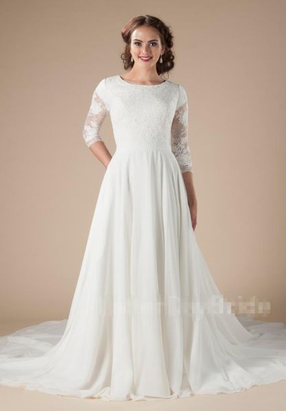 Nuovi abiti da sposa modesti in chiffon a pizzo lungo in pizzo lungo con 34 maniche, abiti da sposa LDS BOHO Abiti da sposa da sposa 4 da sposa44437998