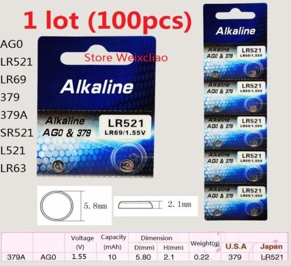100pcs 1 Los AG0 LR521 LR69 379 379A SR521 L521 LR63 155V Alkaline Taste Cell Battery Coin Batteries Card 19955701820311