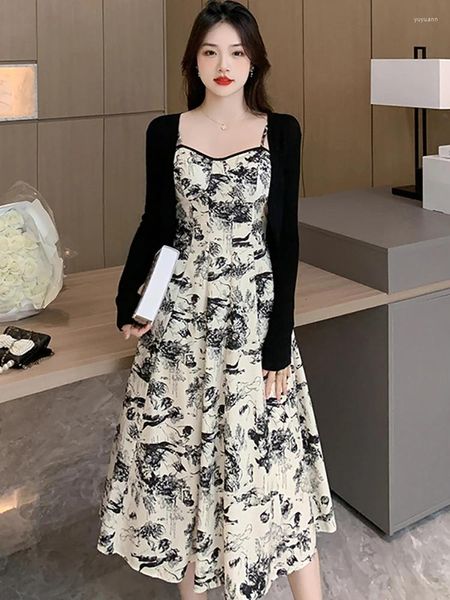 Lässige Kleider Frauen koreanische Vintage elegante Anzüge 2024 Herbst Winter Schwarz gestrickt Langarm Strickjacken -Druck -Schlingkleid Zweiteilige Sets