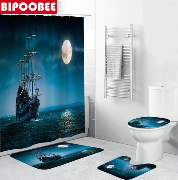 Duschvorhänge 180x180 cm Piratenschiff im Mondlicht Stoff Vorhang Badezimmer Nicht-rutschfeste Teppich