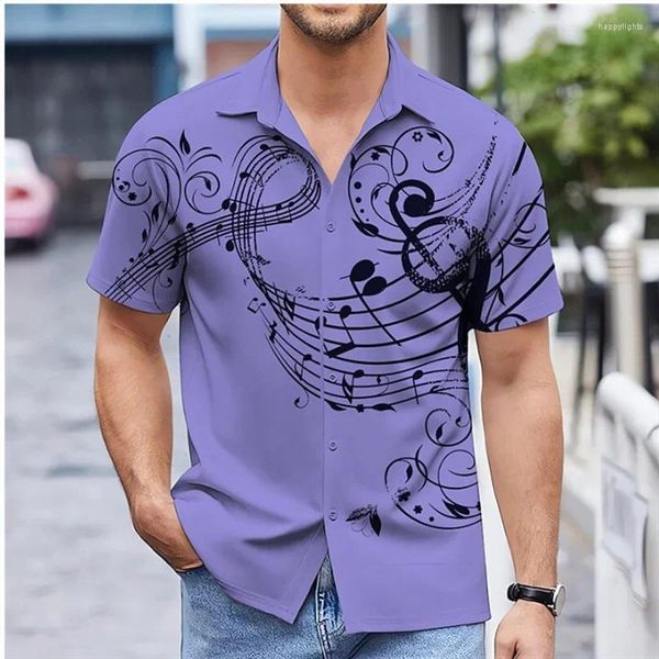Мужские повседневные рубашки гавайские летние 8 цветов музыкальная нота припечатка Purple Strubt Street Street Relace Short Roomves Designer Soft