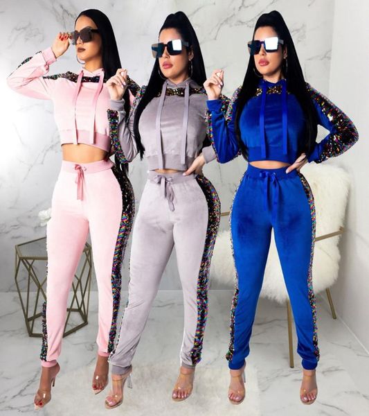 2019 Velvet Tracksuit 2 Zwei -teilige Set Frauen Kleidung Pailletten Crop Toppants Schweißanzug Pink Outfits Velours Matching Sets4149159