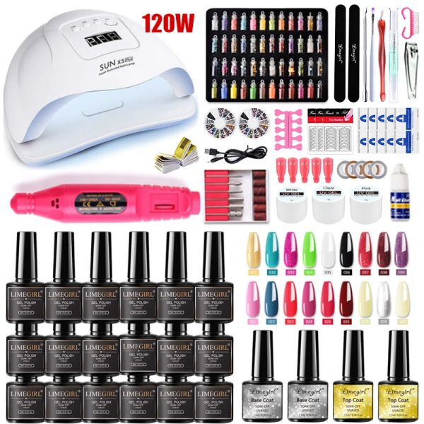 KITS set unghie Limegirl con set di manicure LED UV 120/54W Kit di manicure del kit di macchine utensili professionali 18/12/10 Colori Gel per chiodo UV Set di smalto per chiodo UV