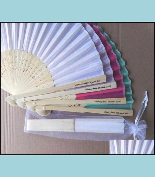 Fans Parasols Hochzeitszubehör Party Events Personalisierte Handgeschenk mit Beutetür Geschenken Braut Duschbevorzugungen 50pcs Lot Wholesa9711417