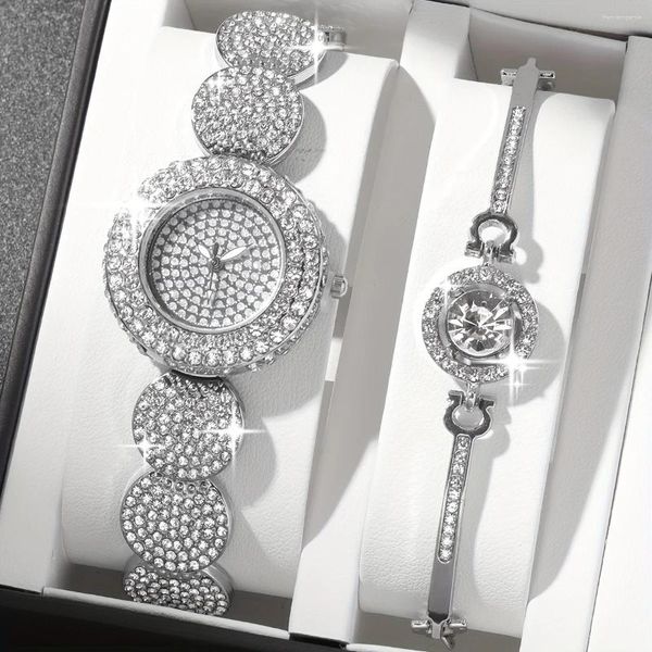 Relógios de pulso 2PCs/Set Women's Women's Women's Luxury Rhinestone Quartz Bracelet Stainless Aço Bangle Bangle Presente para Mãe Her