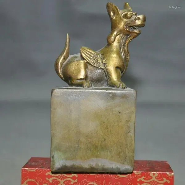 Estatuetas decorativas China Bronze Bronze Lucky Chinese Zodiac Animal Puppy Wing Seal Selo