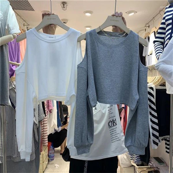 Frauen T-Shirts Koreanischer Stil von Schulter T-Shirt Frauen Frühling Sommer O-Neck Langarm lose Hoodies Solid Fashion Casual Unshirt Tops