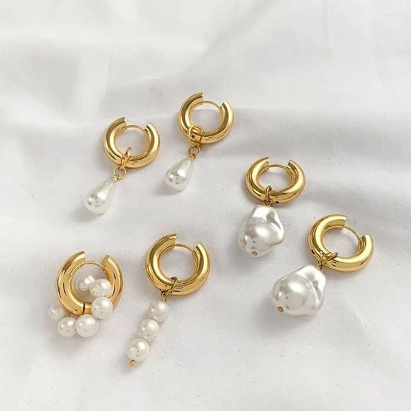 Hoop Ohrringe Barock Perlen Form Anhänger Tropfen für Frauen Gold plattiert Edelstahl Rundkreis Huggies Ohrring Modeschmuck