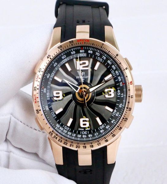 Новая турбинная пилот A10851 Корпус розового золота Титановый циферблат Автоматические мужские часы для тахиметровых масштаба выглядят черные резиновые часы HE3287610