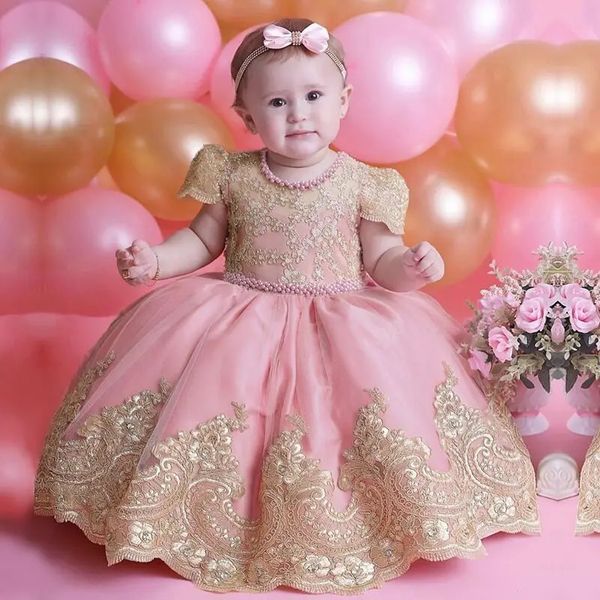 Yürümeye başlayan bebek 1. doğum günü vaftiz boncuk elbisesi kızlar için prenses lüks nakış kostümleri çocuklar parti kıyafetleri bebek elbiseleri 240407