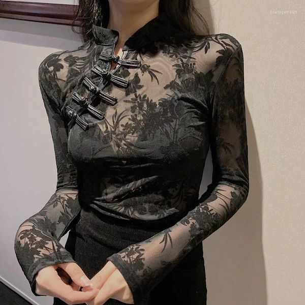 Camicette da donna 2024 pizzo di moda vedi attraverso camicie e donna a manica lunga dolce cucitura cinese black sexy top sexy per donne y2k 11350