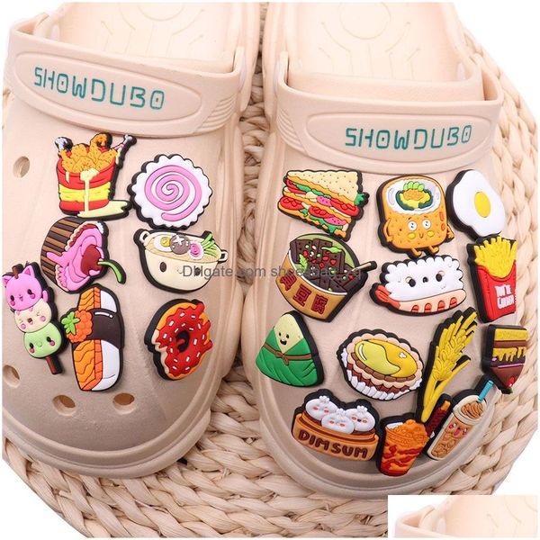 Schmuck MOQ 20PCS PVC Cartoon Food Kuchen Donut Leopard Sushi gebratenes Hühnchen Stinky Tofu Schuhschuhzauber Teile Zubehör Schnalle Clog Knopf DH7GJ