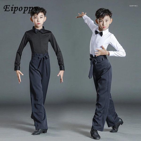 Sahne Giyim Çocuklar Latin Dans Performans Kostümleri Erkekler Standart Sınav Beyaz Top Egzersiz Giysileri Mavi Çizgili Pantolon