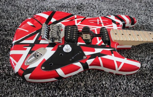 Promozione Edward Eddie van Halen Stein Stripe bianche nera rosso St Guitarle Electric Maple Neck Floyd Rose Tremolo Whammy Bar5285136