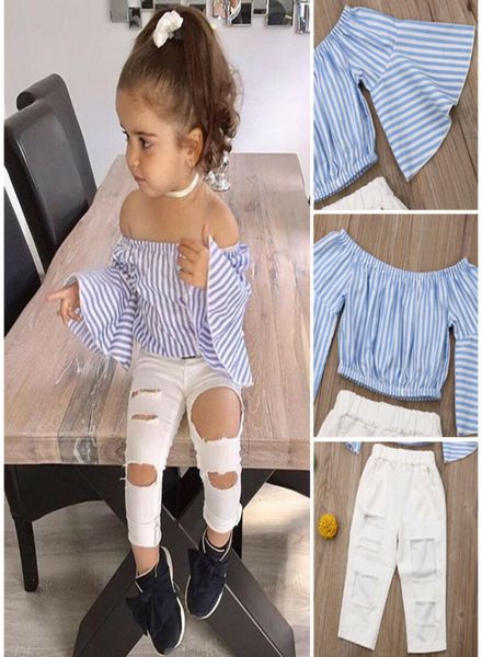 PudCoco Novo formato de moda bebê menina garoto fora do ombro com calças rasgadas roupas de roupa
