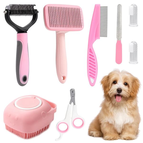 8-teiliger Hundepinsel-Pflege-Set, Haustier-Selbstverpackte-Set, mit Haustiernagelschneider und -akten, Flohkamm, Haustier Shampoo Bad Pinsel, Haustier