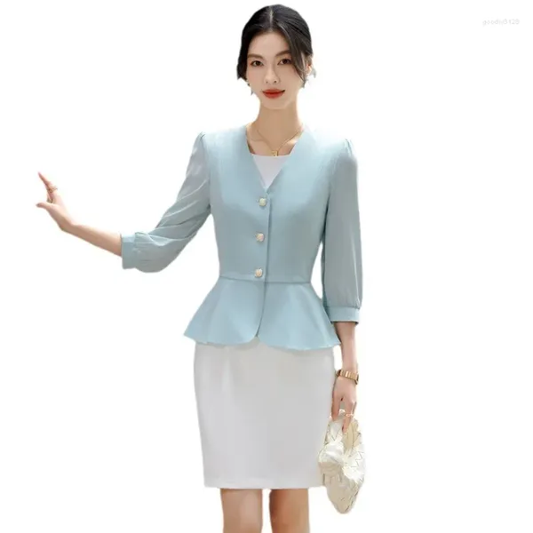 Arbeitskleider Frauen formelle 2 Stück Set 2024 Fashion Lantern Ärmeljacke weiße Kleideranzug Büro Damen Business Blazer Rock