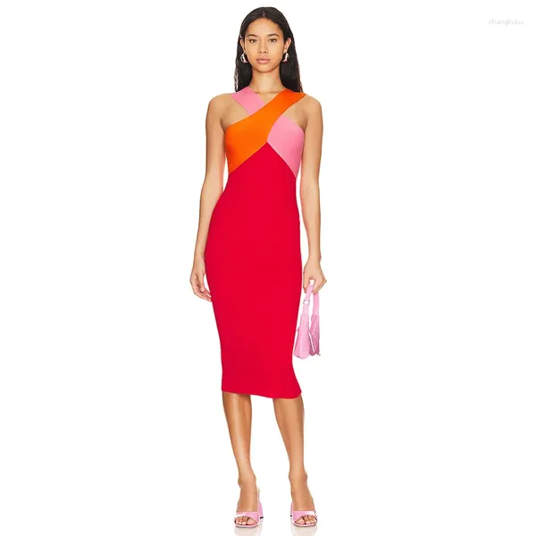 Vestidos casuais 2024 Summer moda de retalhos cor mulheres cruzar mini vestido de festa de resort de rua de rua