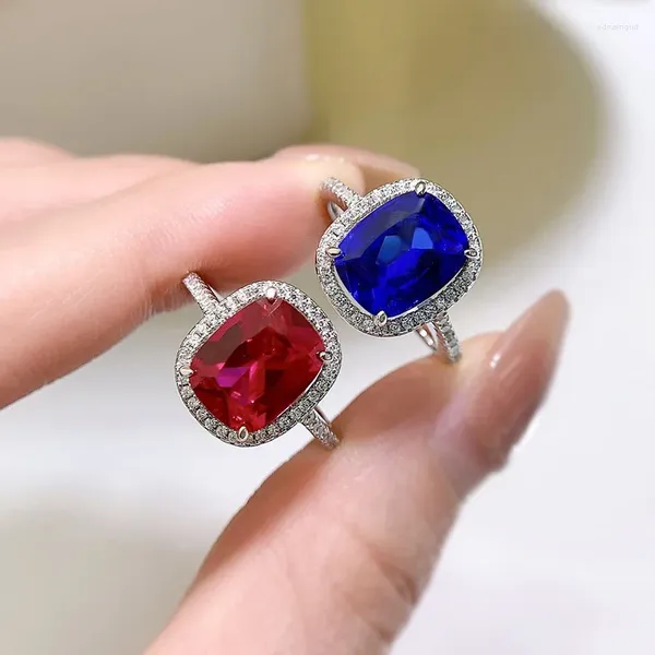 Ringos de cluster autênticos originais 925 anel de casamento de prata esterlina para mulheres noivado jóias finas rubi safira 10x8mm zirconia cúbica