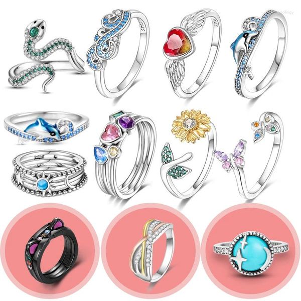 Clusterringe Weihnachtsring 925 Sterling Silber in Sternen Moon Flat Herz Blume Doppel Cocktail Fit Halskette Schmuck für Frauen