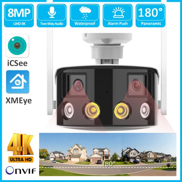 Telecamere esterni 4K 8MP 180 ° ad angolo largo angolare panoramico panoramico impermeabile wifi fotocamera IP a doppia lente di sicurezza AI fissata